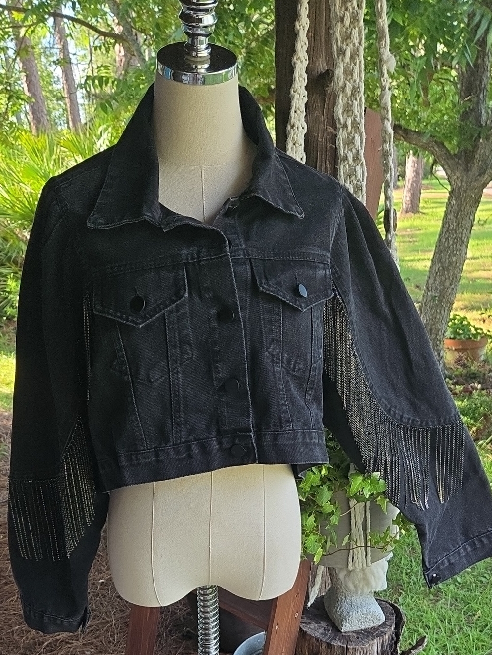 Blue B Black Cropped Rhinestone Fringe Denim Jacket Size Small